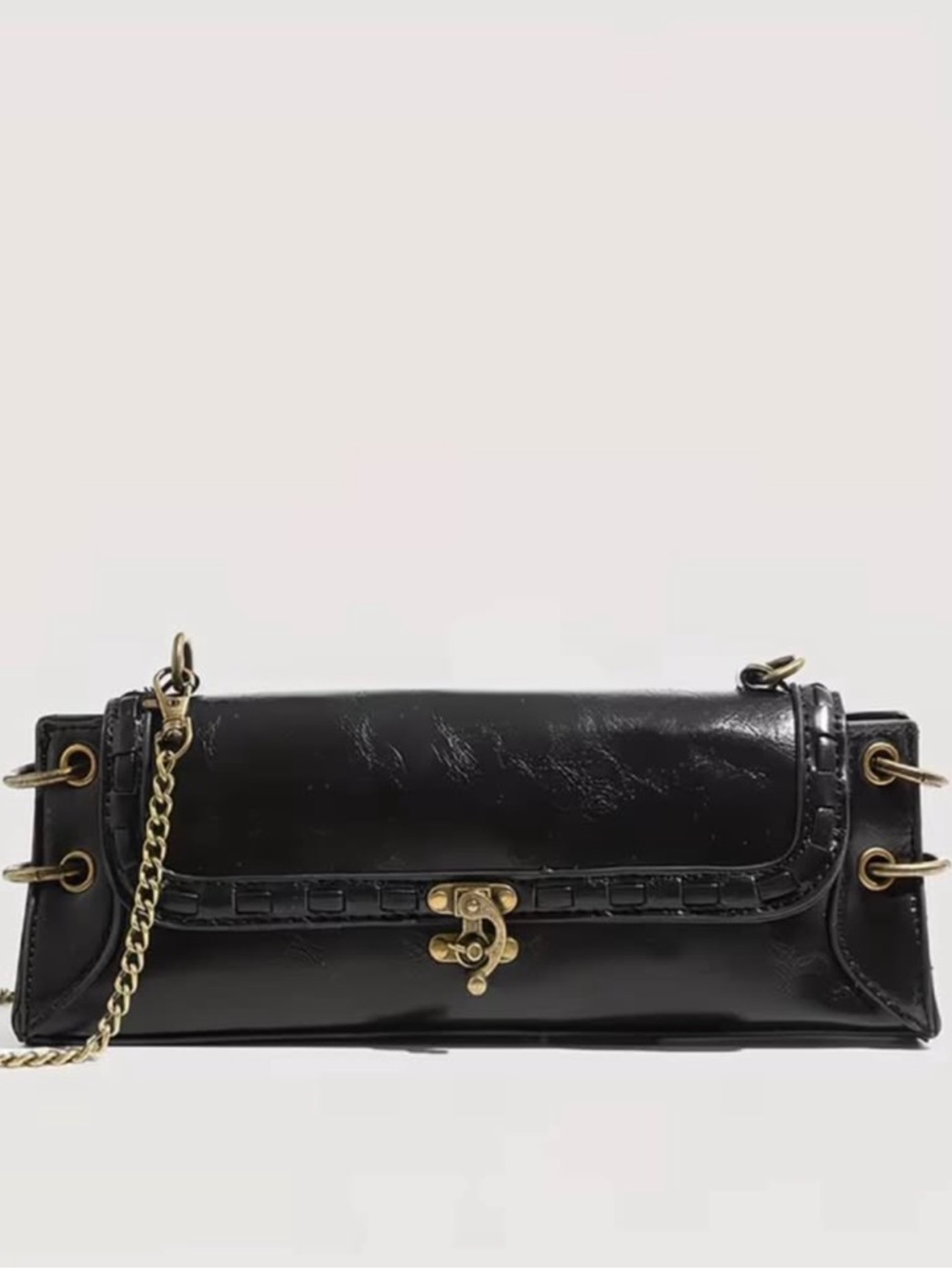 Black Patent Chain Shoulder Bag with Gold Hardware
